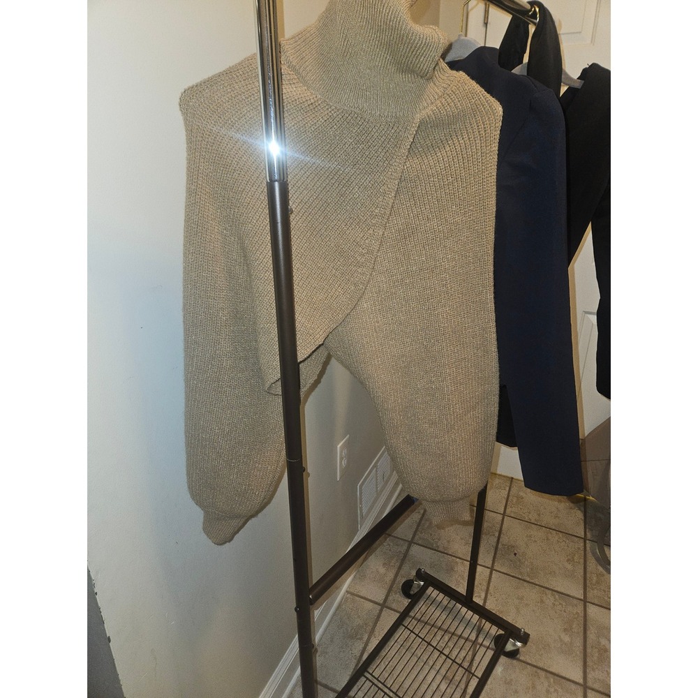 Micas Womens Tan Cropped Turtleneck Sweater Wrap Front Balloon Sleeve Small NWT